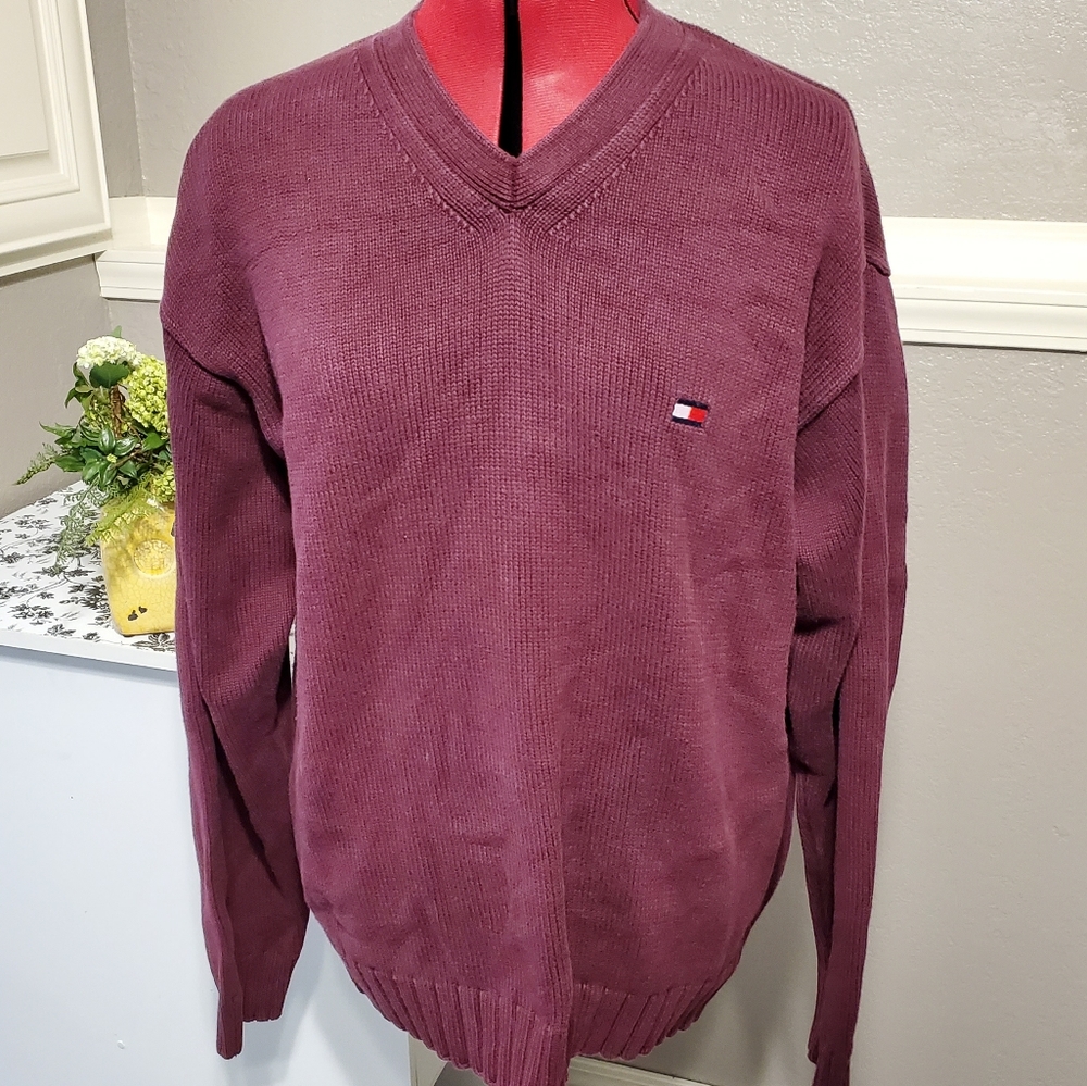 Vintage Tommy Hilfiger Sweater Mens L V-Neck Pullover Heavy Casual Retro Red